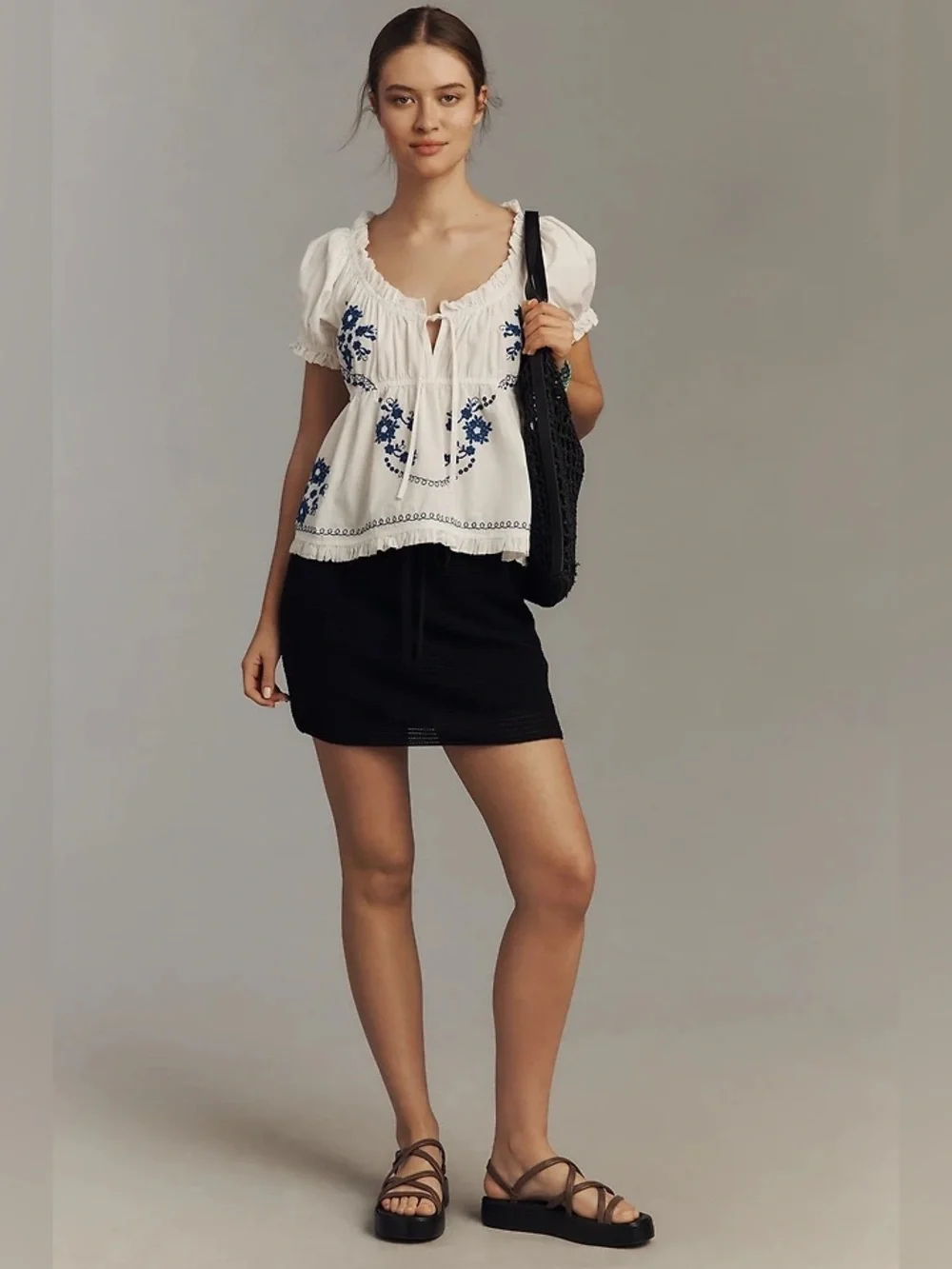 New By Anthropologie Puff-Sleeve Embroidered Babydoll Top Size S